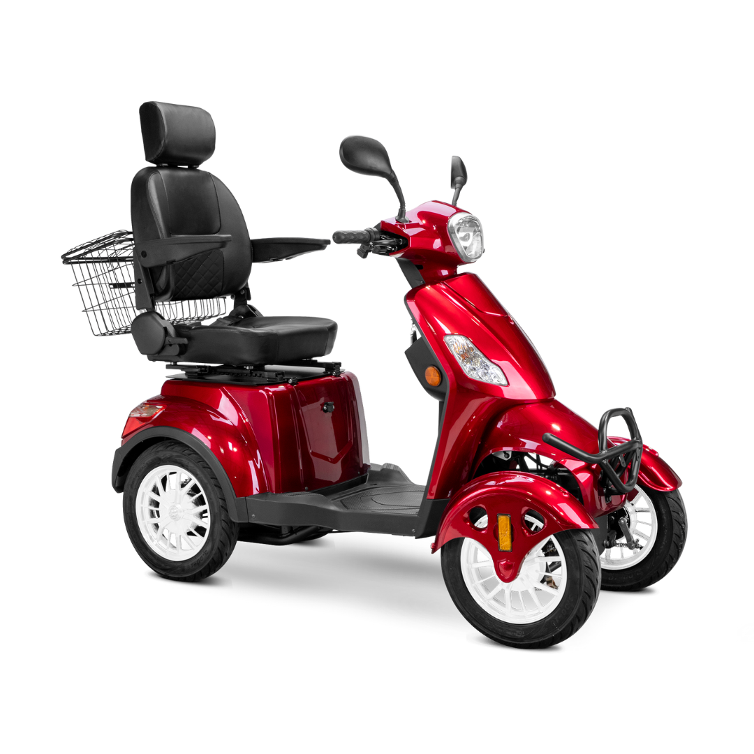 The Bespoke Prestige Recreational 4-Wheel Scooter is shown from a front-side angle, featuring a red body, black adjustable seat with armrests, a rear wire basket, and white-rimmed wheels.